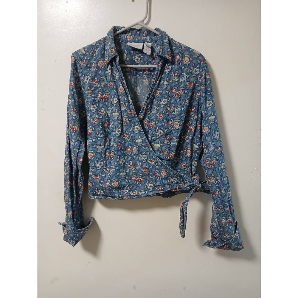 Vintage 90's Liz Claiborne womens xl ditsy Floral wrap tie blue red denim top